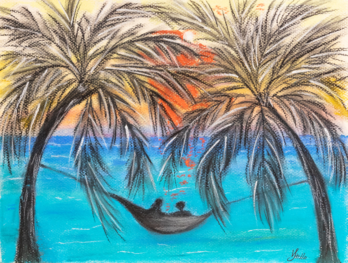 Amour de coucher de soleil et palmiers, Pastel 33X41 cm, palmier
