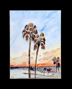 Riviera Palms, sunset, aquarelle 50X40cm palmier