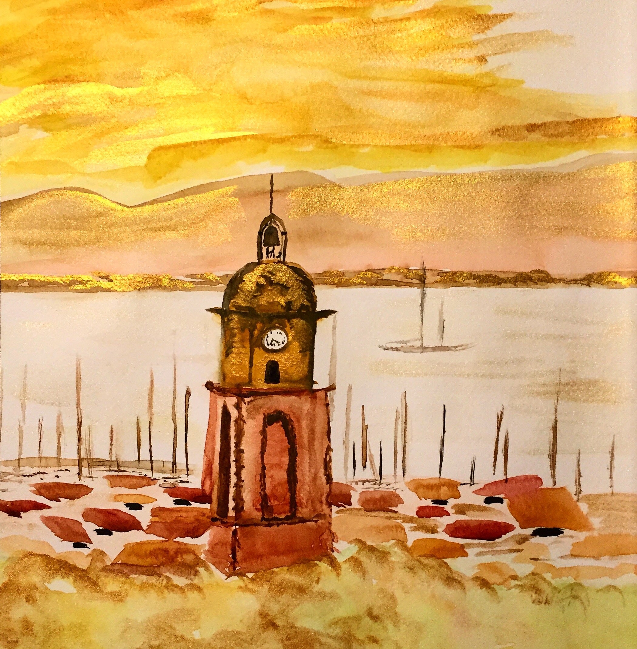 Clocher et coucher de soleil sur Saint Tropez, aquarelle 40x50 cm