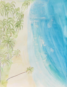 Pacific, plage, aquarelle 70x50 cm palmier