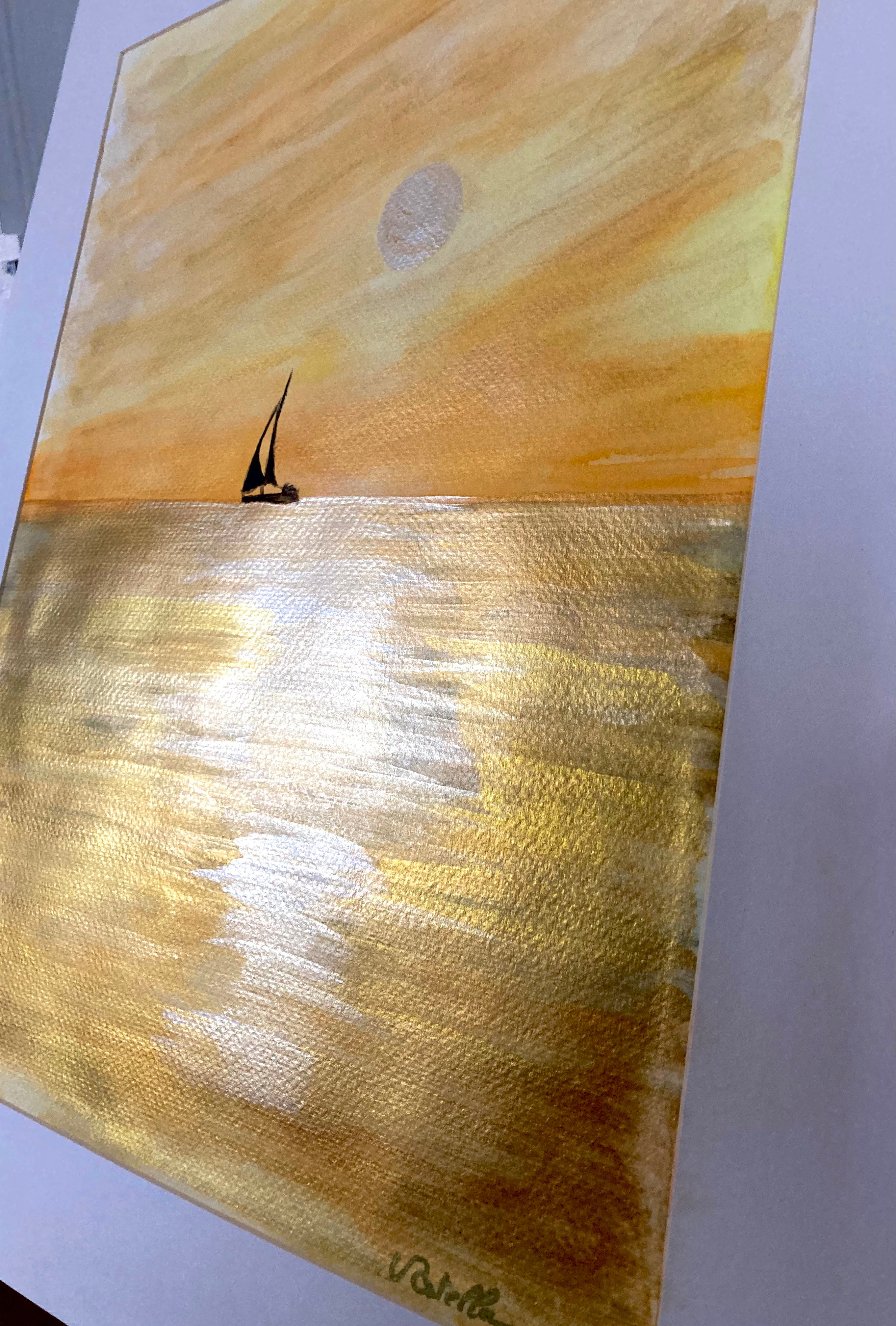 Golden sea, Mer d'or au coucher de soleil, aquarelle 50X40cm